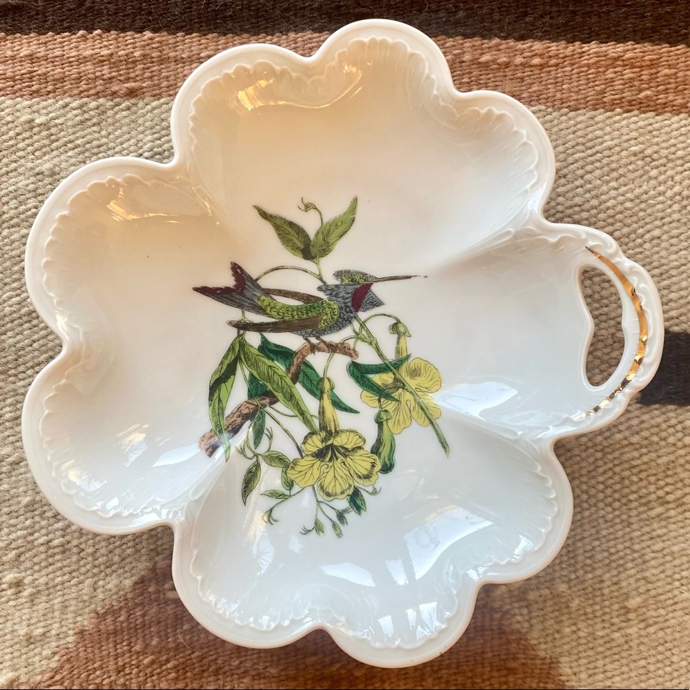Vintage Clover Shaped Ceramic Dish W/ Bird & Floral Branch Detail